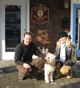 Here is Finn with Ed Wechsler of La Mer Seafood and his owner Kelly Leonard